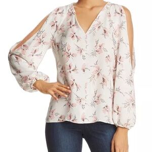Kobi Halperin 100% Silk Cold Shoulder Floral Pink White Blouse